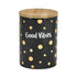 Black ceramic Good Vibes Gold Polka Dots Deluxe Canister Stash Jar with a lid, featuring gold polka dot designs.