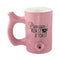 Pink ceramic Premium Roast & Toast pipe mug with a spout for smoking, showcasing a fun design.
