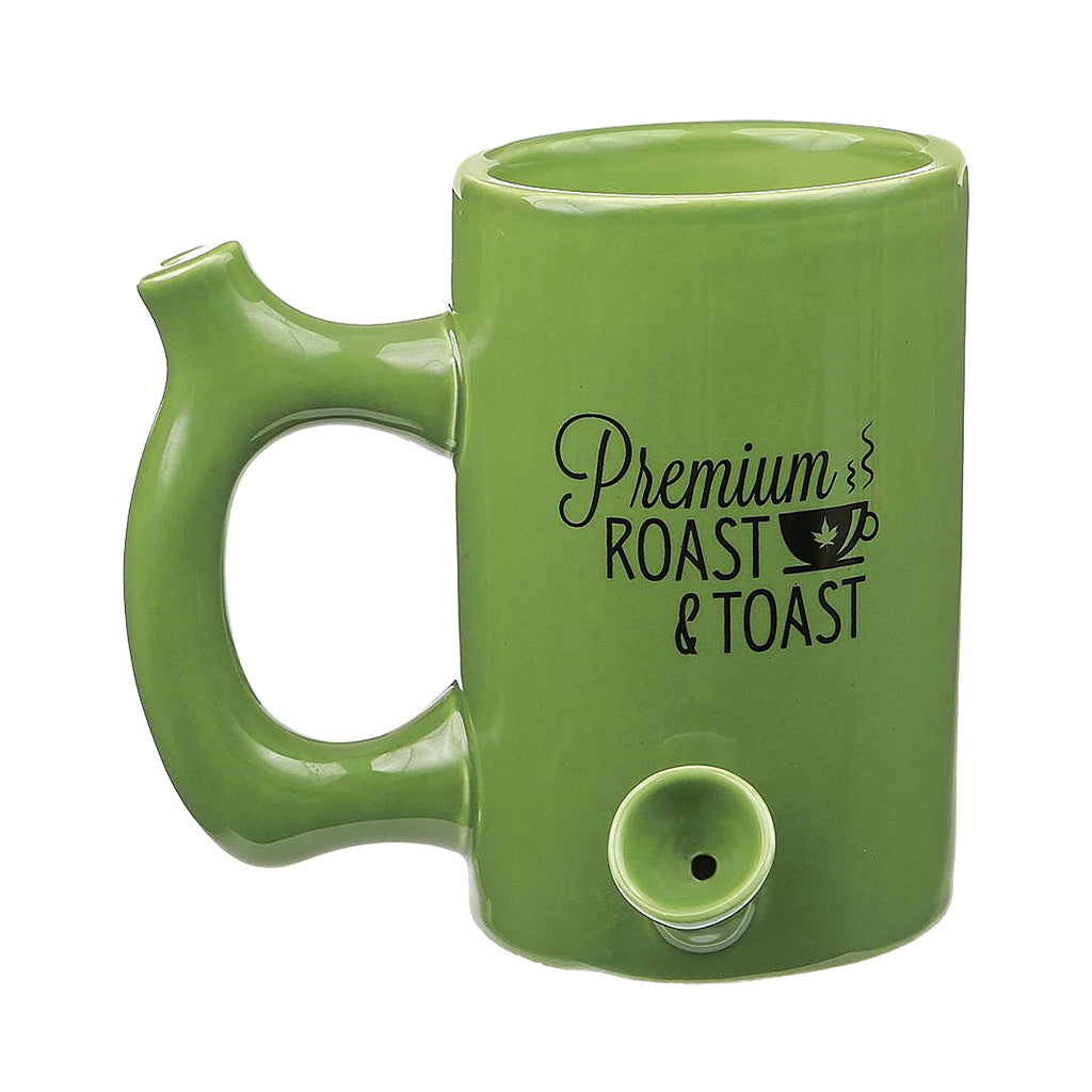 Green ceramic Fashion Craft Premium Roast & Toast pipe mug.