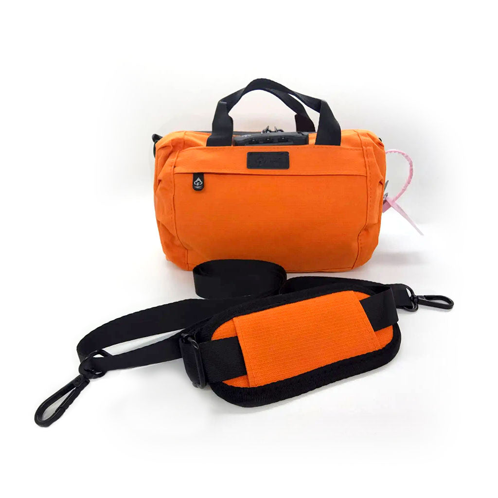FireBar Labs Electric Orange Smell Proof Lockable Mini Duffle Available at Honeybee Herb