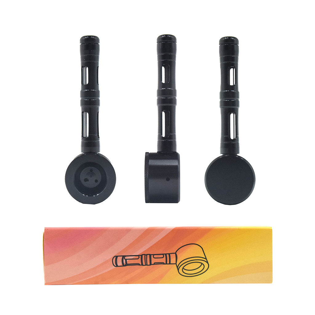 Black Flat Chamber Aluminum Glass Pipe with box – premium smoking accessory ready to ship online.