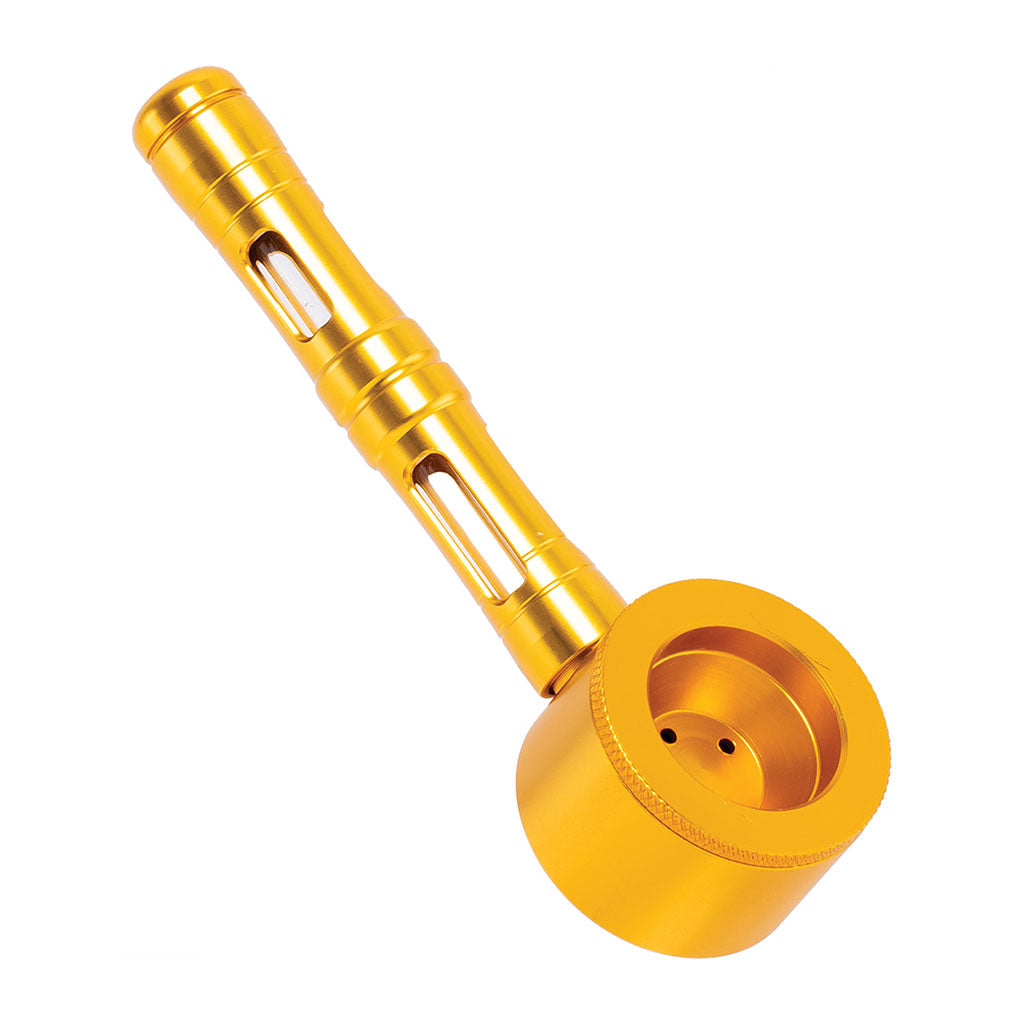 Gold Flat Chamber Aluminum Glass Pipe side view – sleek finish with smooth pull performance. 