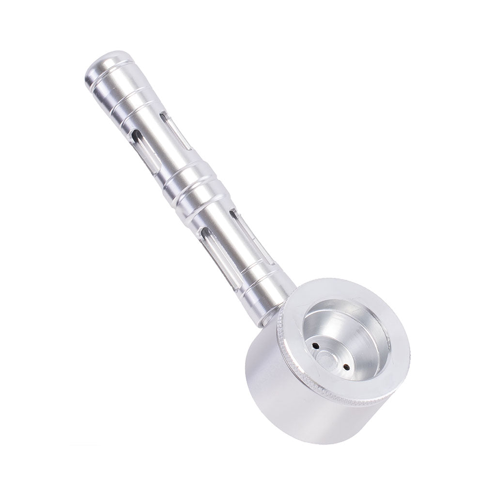 Shop Silver Flat Chamber Aluminum Glass Smoking Pipe – stylish front view for smooth smoking experience.