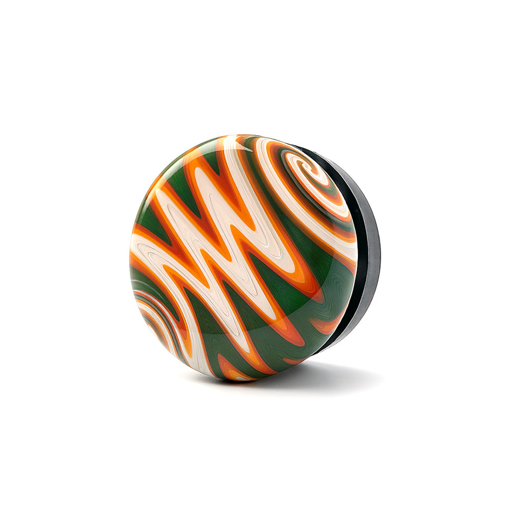  Forest Blaze Rounded Wig Wag Swirl Glass Baller Storage Jar, bottom view with colorful swirls.