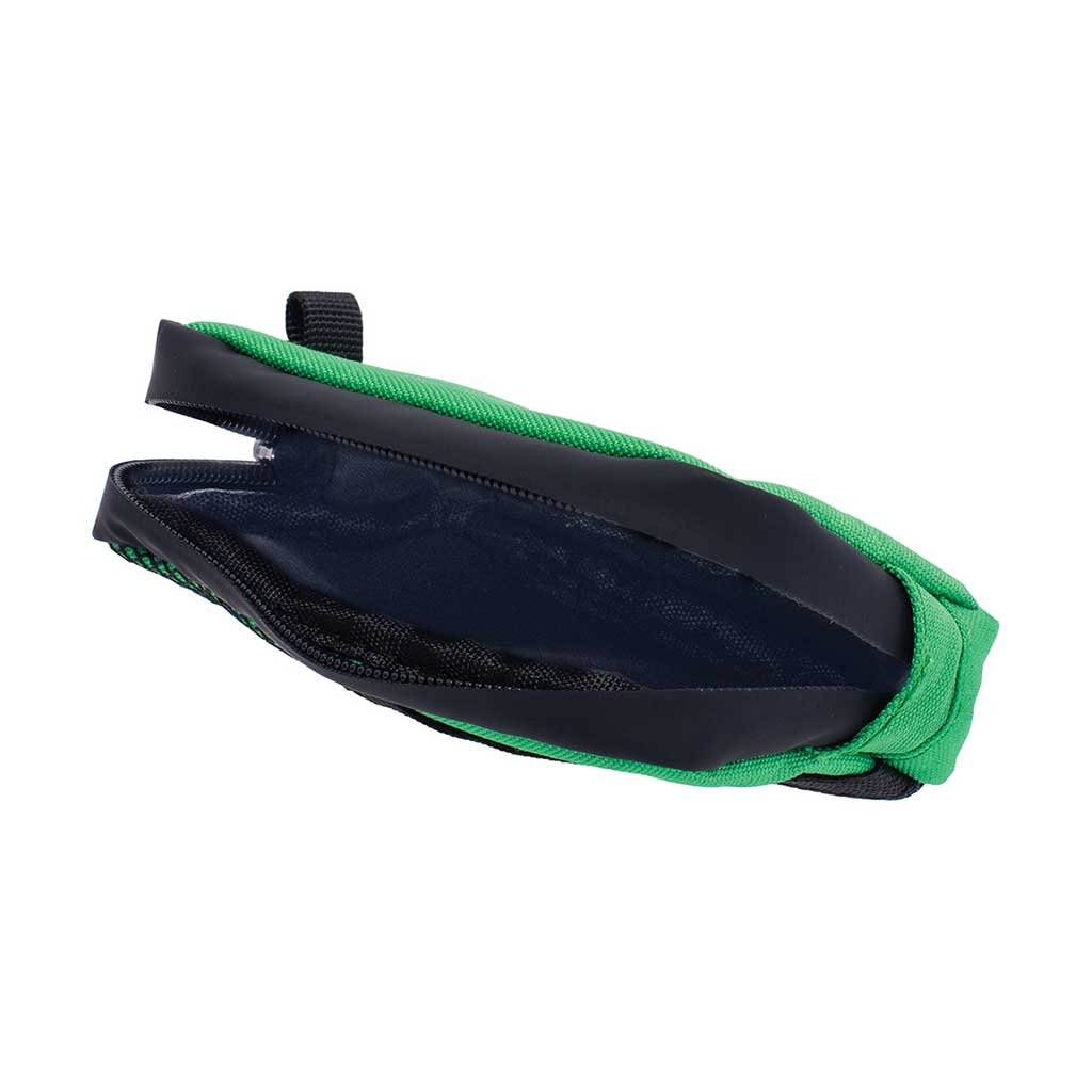 Open forest green 5in x 3in smellproof bag with zip closure, herb storage pouch