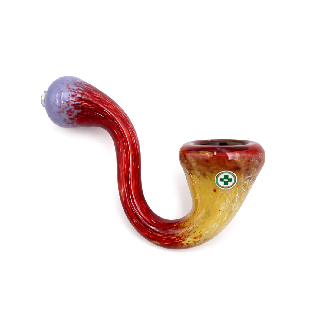 Burning River Frit Sherlock Hand Pipe with lavender tip, bright red stem, and warm cream gold bowl in a striking curved glass profile