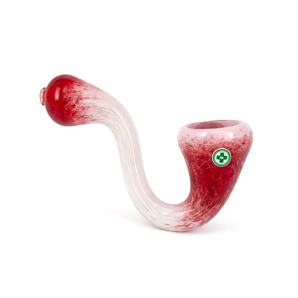 Cherry Cream Frit Sherlock Hand Pipe with white and red frit glass, rounded bowl, and classic curved smoking pipe shape for online purchase