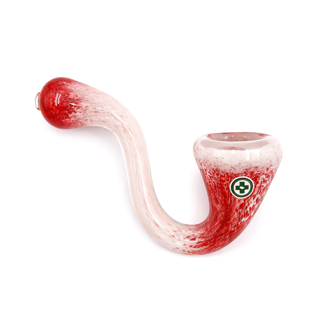 Cherry Snowcone Frit Sherlock Hand Pipe with bright red and white frit glass in a classic curved sherlock shape available to buy online