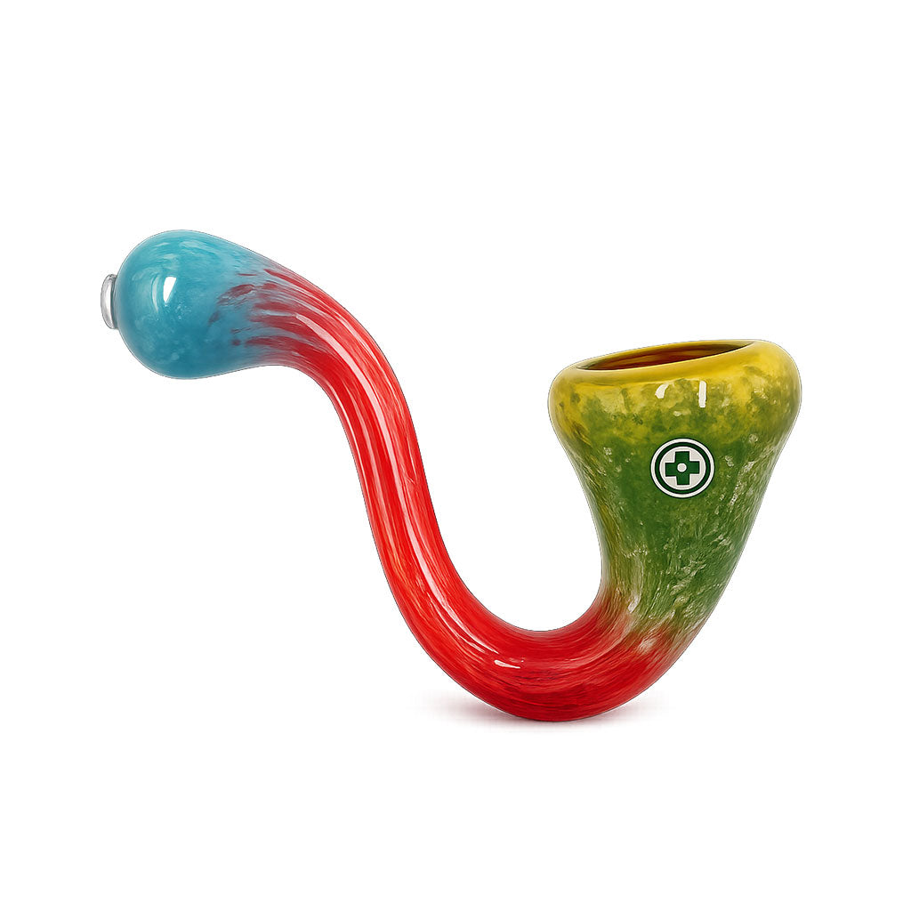 Coral Fever Frit Sherlock Hand Pipe with aqua and red body, green yellow bowl, and classic sherlock shape available at Honeybee Herb