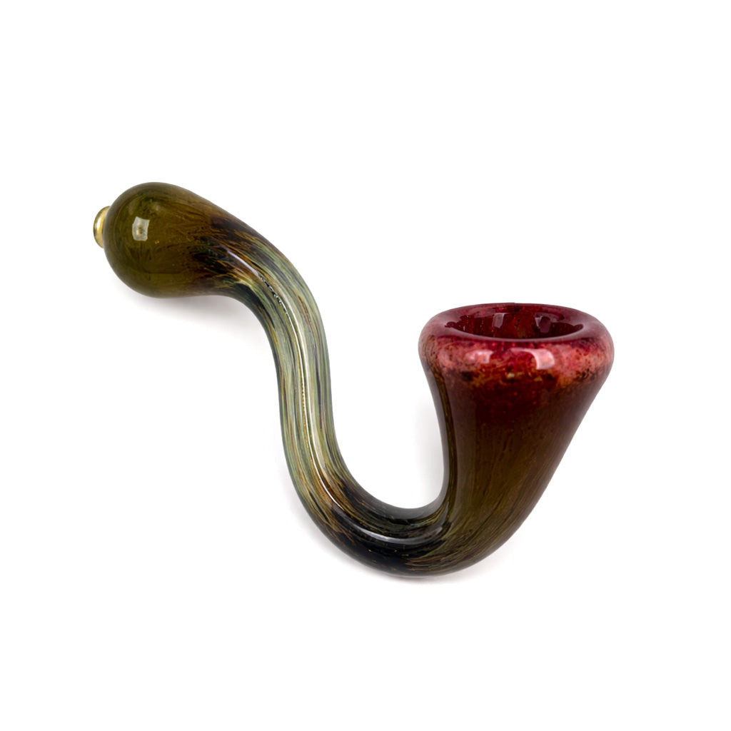 Deep Sea Ember Frit Sherlock Hand Pipe with earthy olive tones, dark red bowl, and blended frit glass styling ready to order online