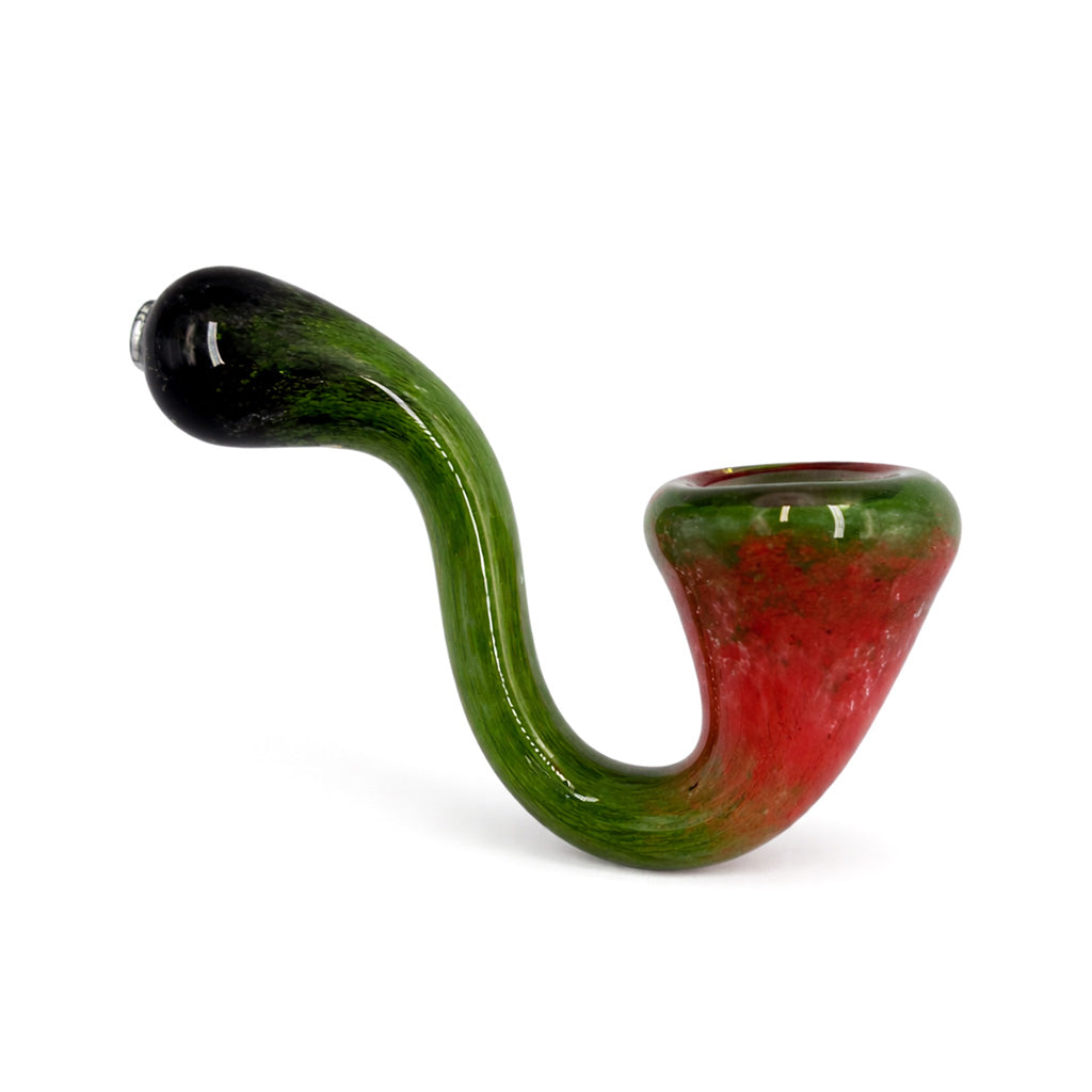 Dragon Pepper Frit Sherlock Hand Pipe with black green body, red green bowl, and bold frit glass color blend available online