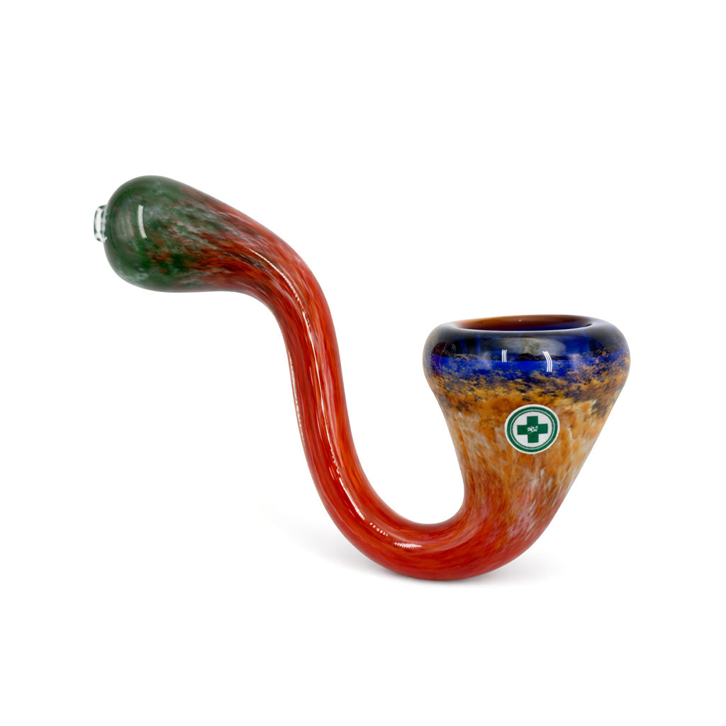 Dragons Harvest Frit Sherlock Hand Pipe with green tip, fiery red body, amber bowl, and blue rim in a classic curved glass profile