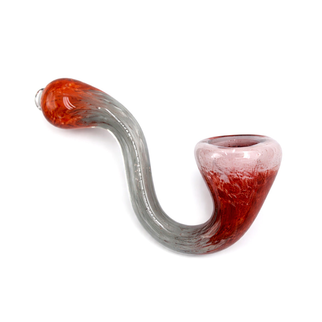 Dusty Rose Haze Frit Sherlock Hand Pipe with smoky gray stem, warm orange tip, and soft pink red bowl in a compact glass design
