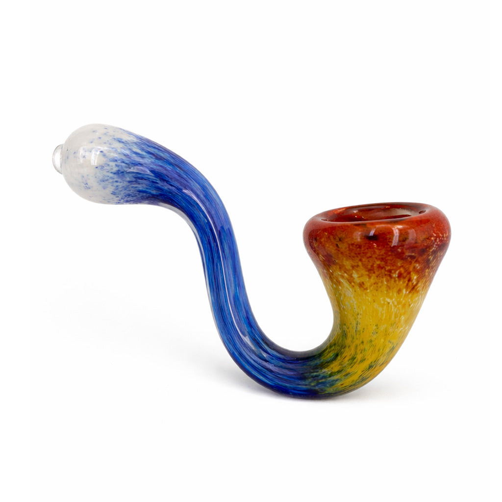 Fire and Ice Frit Sherlock Hand Pipe with white tip, blue stem, and warm yellow orange bowl in a bold curved glass style