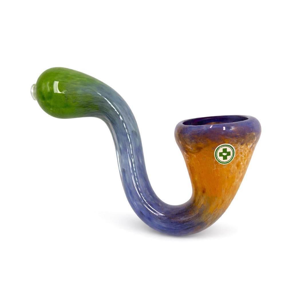 Forest Fade Frit Sherlock Hand Pipe with green tip, soft blue body, and orange purple bowl in a colorful curved glass profile