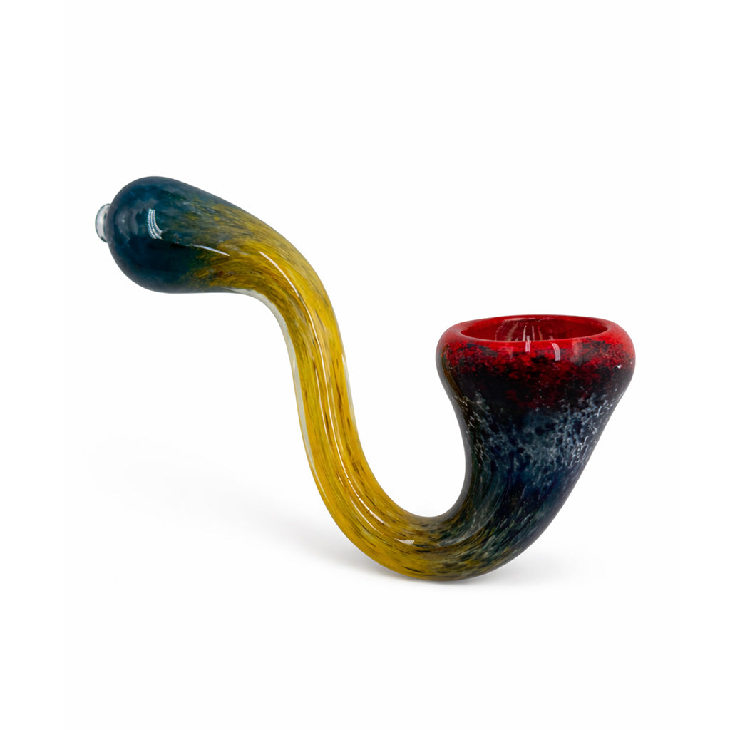Galactic Chameleon Frit Sherlock Hand Pipe with teal blue tip, golden stem, and deep red navy bowl for colorful glass pipe shoppers