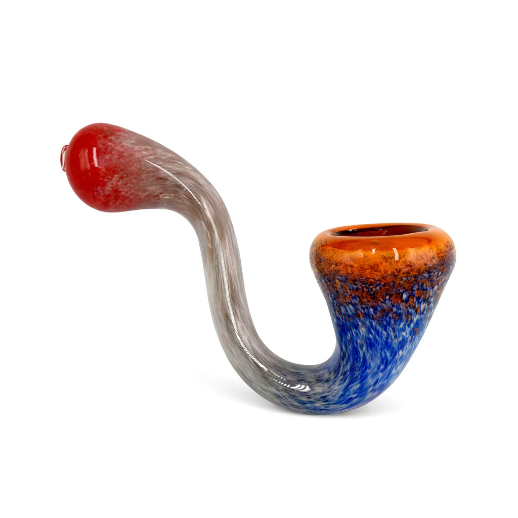 Lava Lung Frit Sherlock Hand Pipe with red tip, smoky white stem, blue lower body, and orange bowl ready to order online