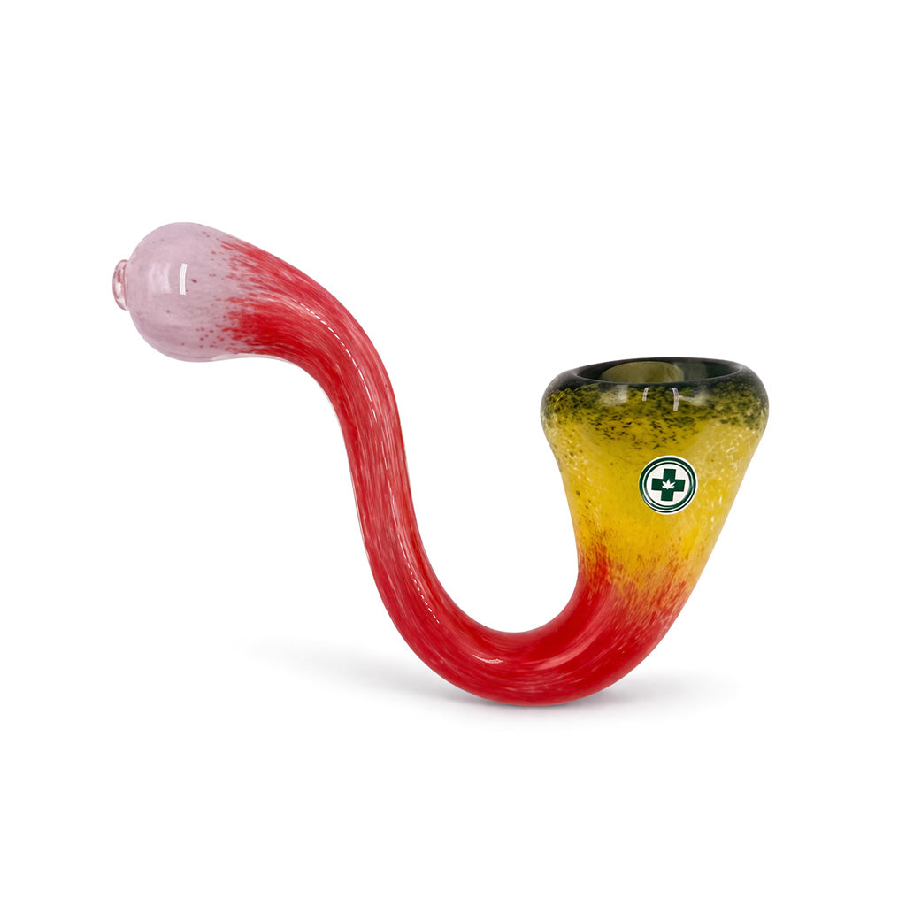 Mango Meltdown Frit Sherlock Hand Pipe with pink stem, red curved body, and yellow green bowl in a compact glass sherlock design