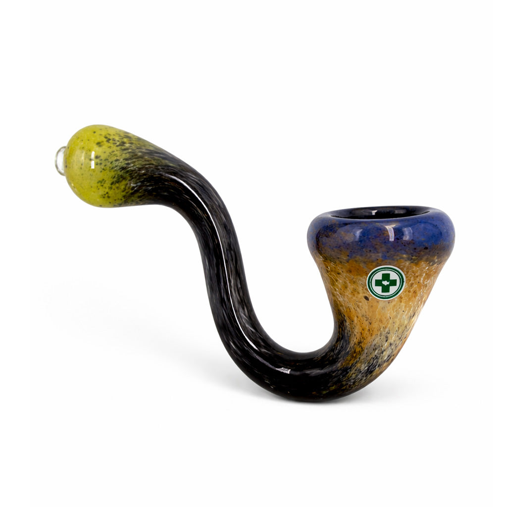 Midnight Hornet Frit Sherlock Hand Pipe with neon yellow tip, black stem, tan bowl, and blue rim in a standout sherlock pipe design