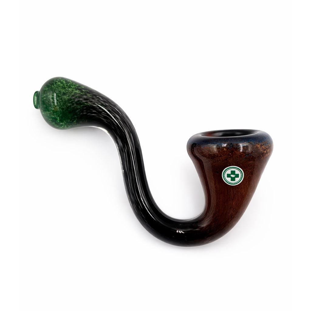 Midnight Vine Frit Sherlock Hand Pipe with green tip, black stem, and rich brown bowl for buyers seeking bold multitone glass