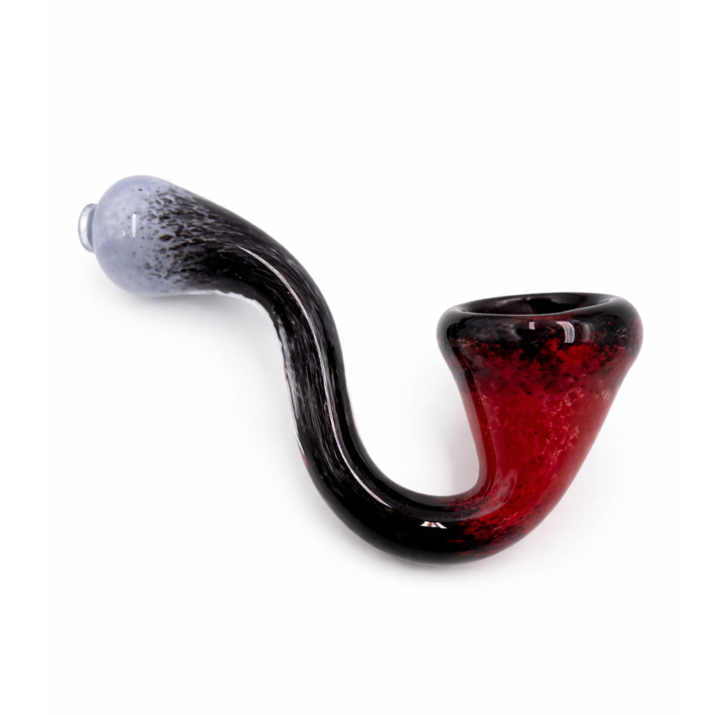 Molten Shadow Frit Sherlock Hand Pipe with pale gray tip, black stem, and deep red bowl in a dark high-contrast glass finish
