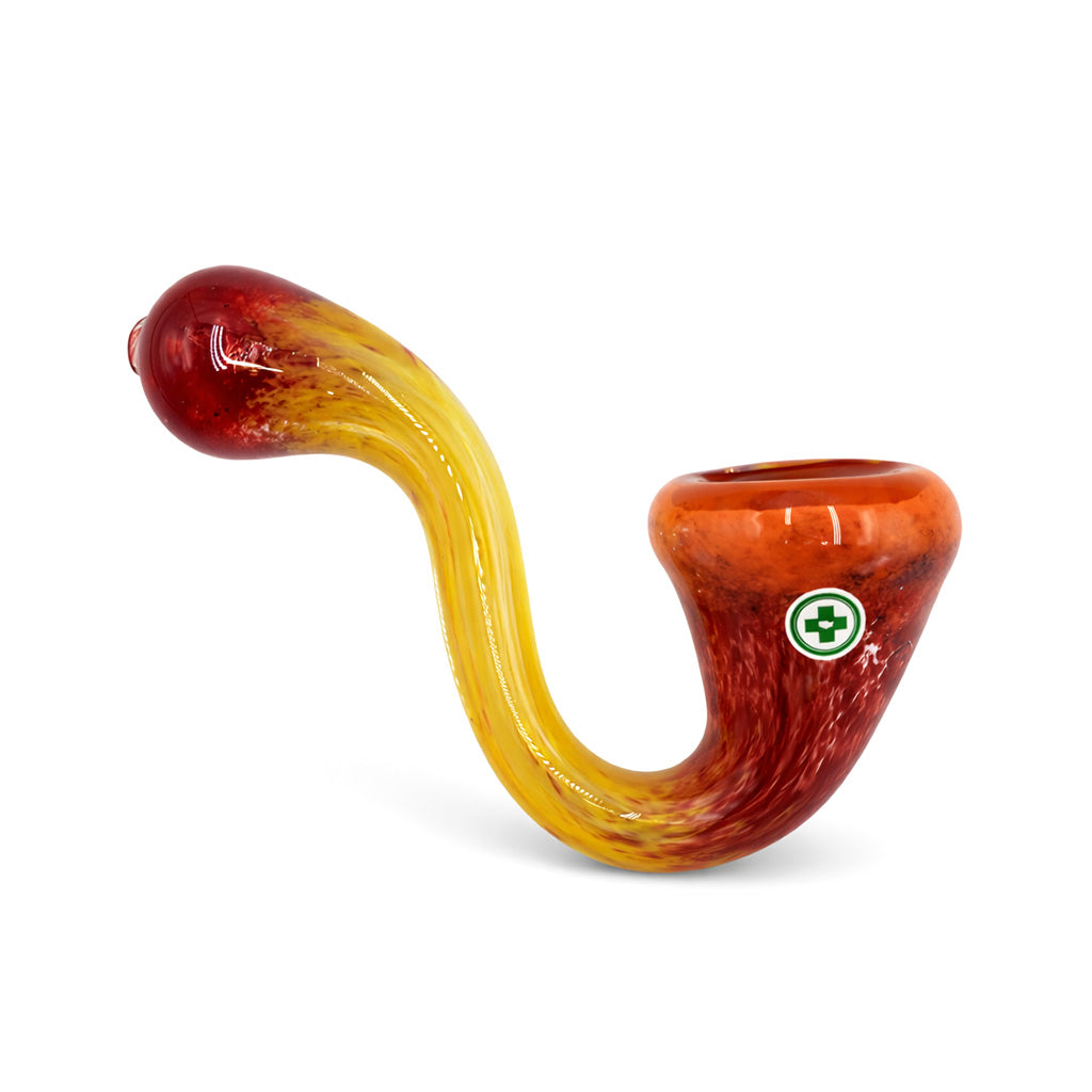 Molten Sunset Frit Sherlock Hand Pipe with red yellow body, orange bowl, and warm color fade in a compact curved glass pipe