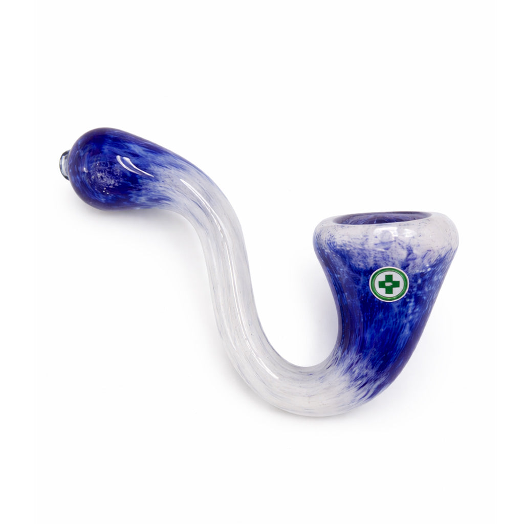 Ocean Breeze Frit Sherlock Hand Pipe with cobalt blue and white frit glass and a smooth curved bowl design for online purchase