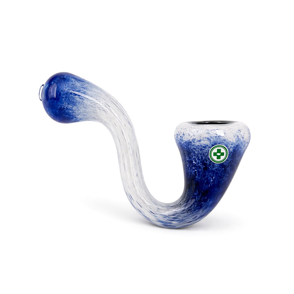 Ocean Wave Frit Sherlock Hand Pipe with deep blue bowl, blue tip, and white frit glass body in a classic sherlock hand pipe style
