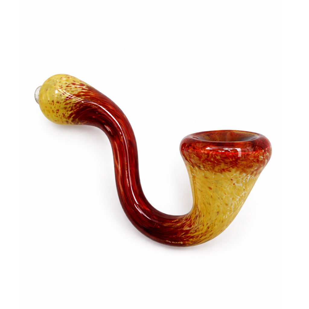 Phoenix Rising Frit Sherlock Hand Pipe with fiery red and golden yellow frit glass in a bold curved sherlock profile for sale online