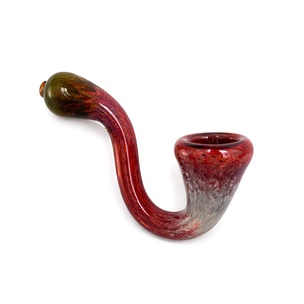 Redwood Mist Frit Sherlock Hand Pipe with olive brown tip, red wood toned body, and deep red bowl in a classic curved glass shape