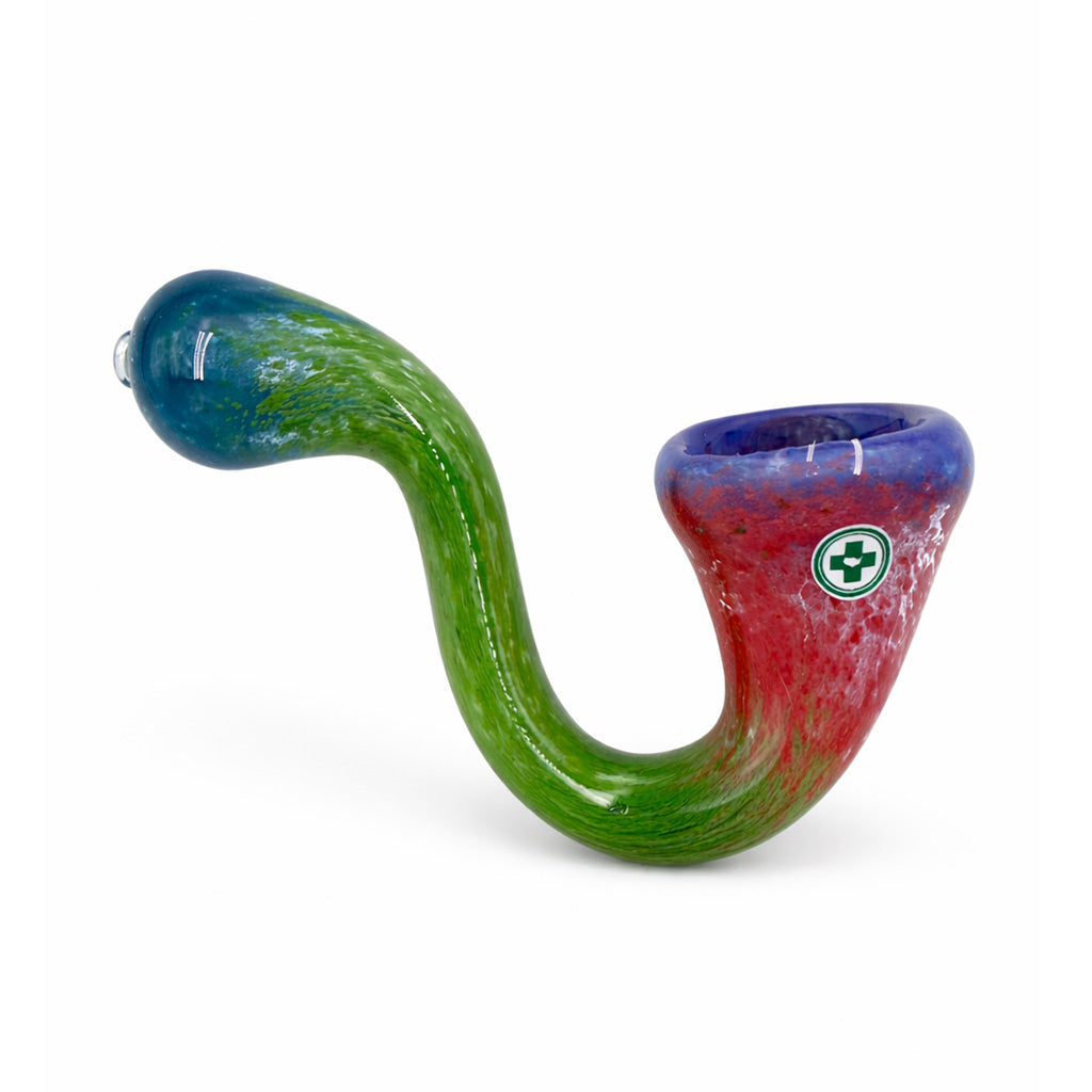 Reef Runner Frit Sherlock Hand Pipe with blue green body, red blue bowl, and colorful frit glass finish for online shopping