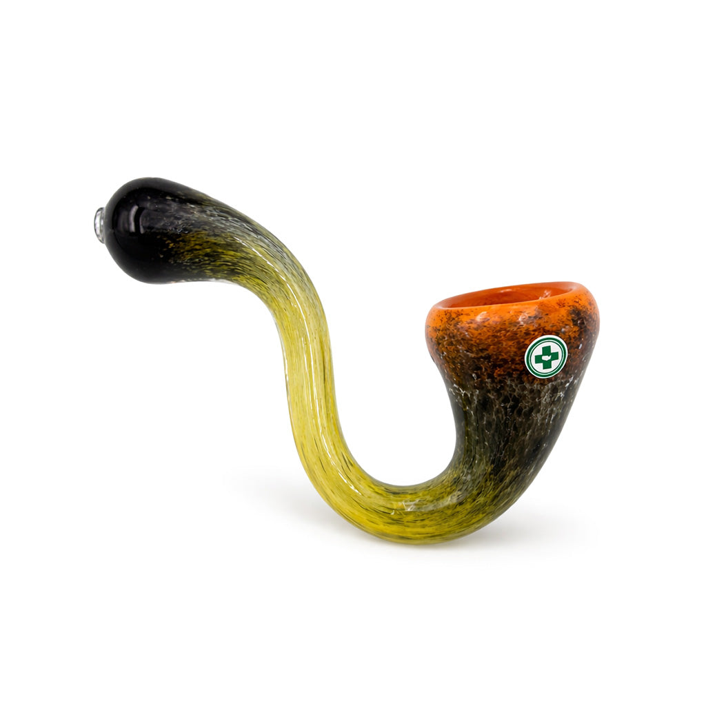 Viper Glow Frit Sherlock Hand Pipe with black and yellow body, orange bowl, and colorful curved glass sherlock profile for sale online