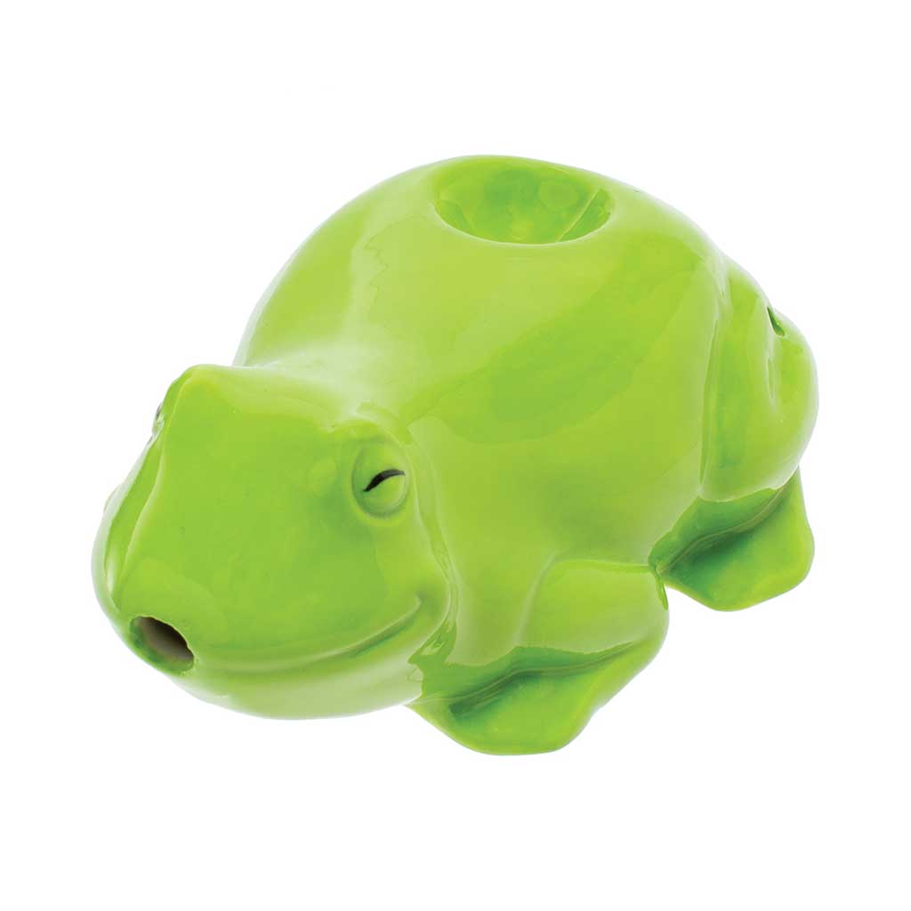 Shop frog ceramic pipe in green, front angle; compact hand pipe ready to order. 