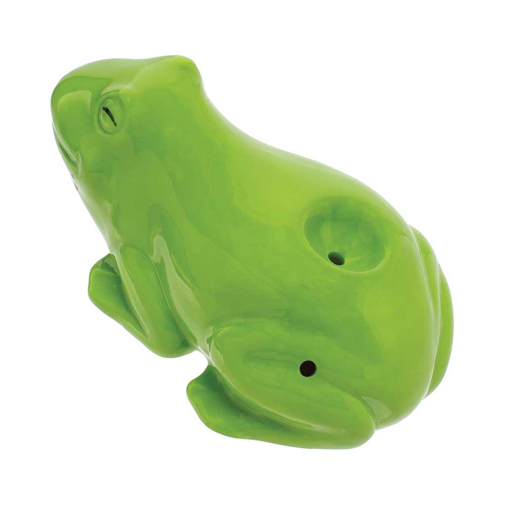 Buy green frog ceramic hand pipe, side view showing top bowl and carb — in stock at Honeybee Herb. 