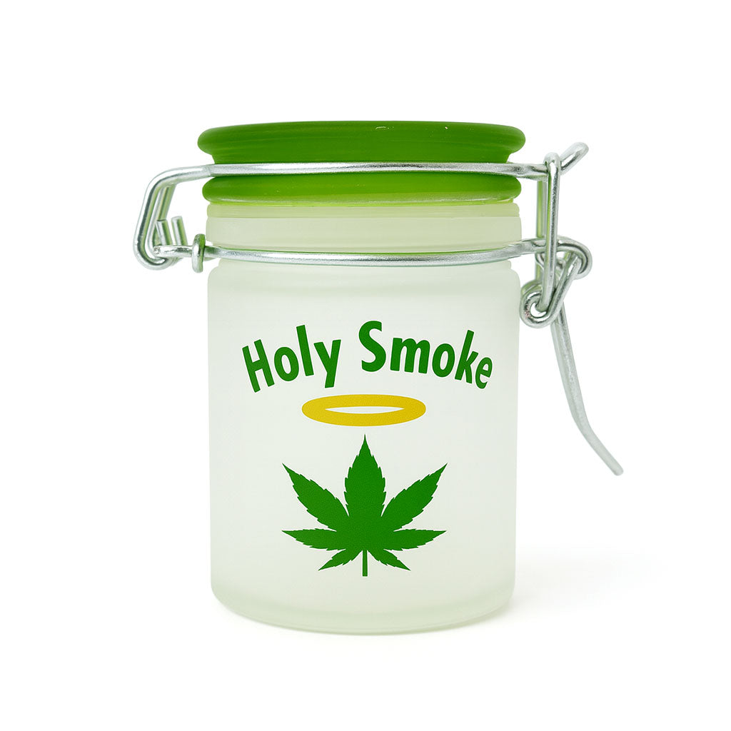 Frosted glass Holy Smoke Airtight Storage Jar with green lid by Ted Miller Innovations, available at Honeybee Herb.