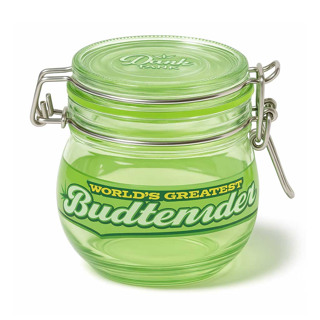 Fujima 500 ml green airtight glass stash jar with clamp lid and “World’s Greatest Budtender” script