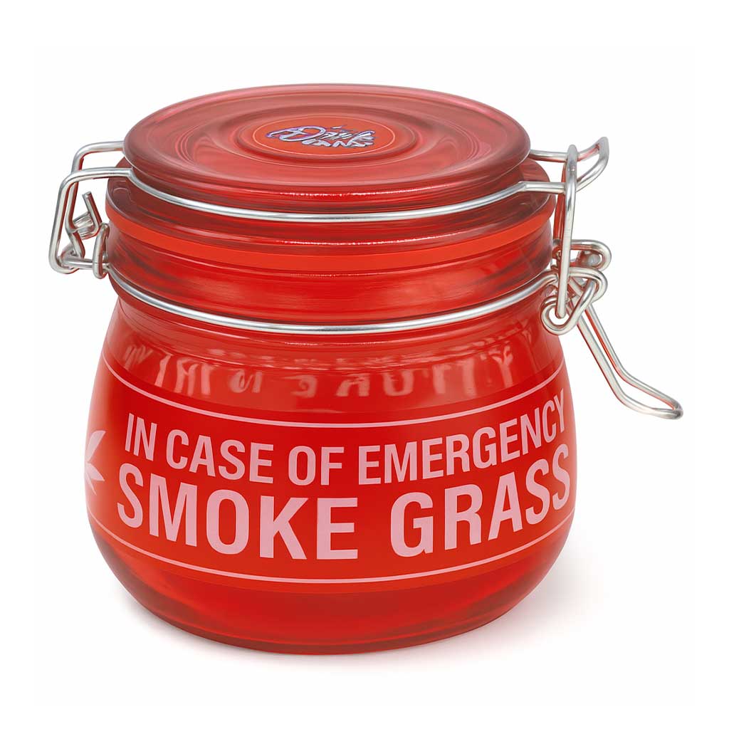 Fujima 500 ml airtight glass stash jar with clamp lid showing bold “In Case of Emergency Smoke Grass”