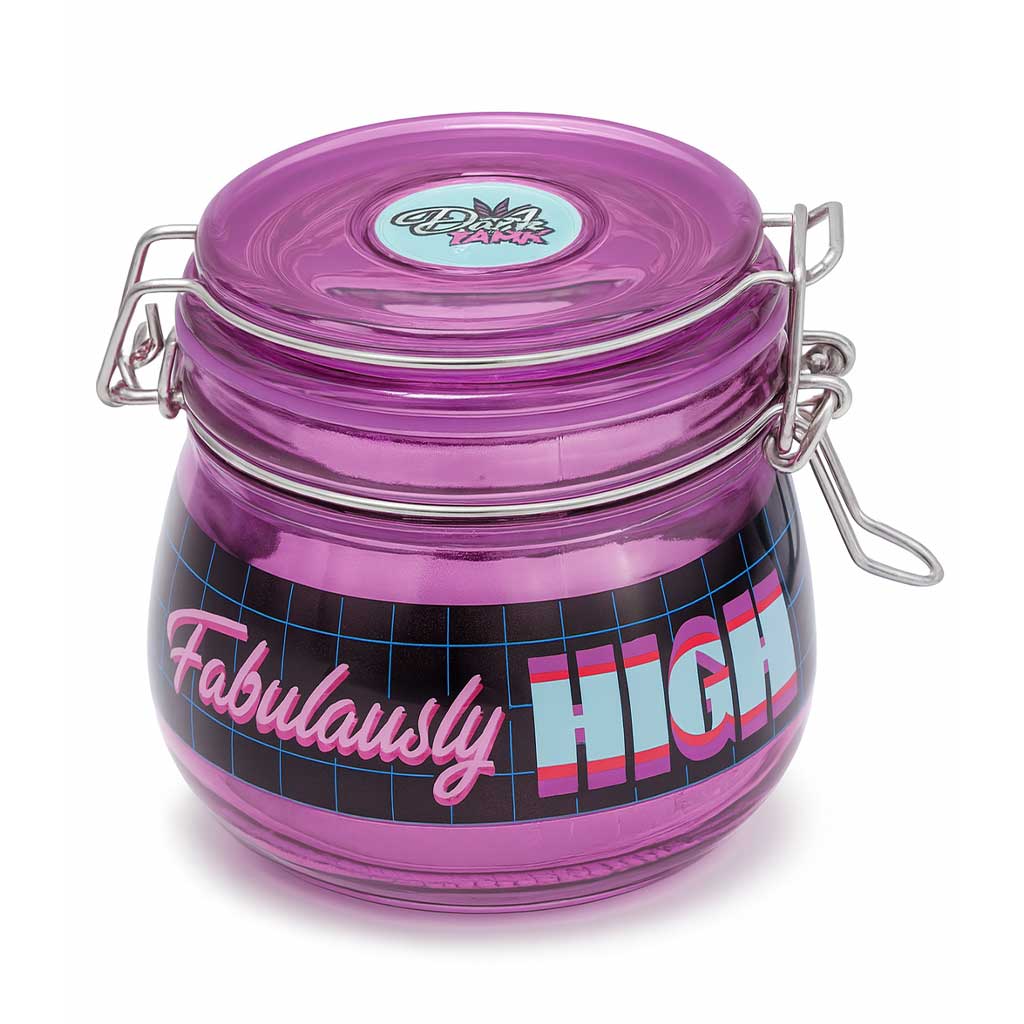 Fujima 500 ml airtight glass stash jar with clamp lid featuring “Fabulously High” print
