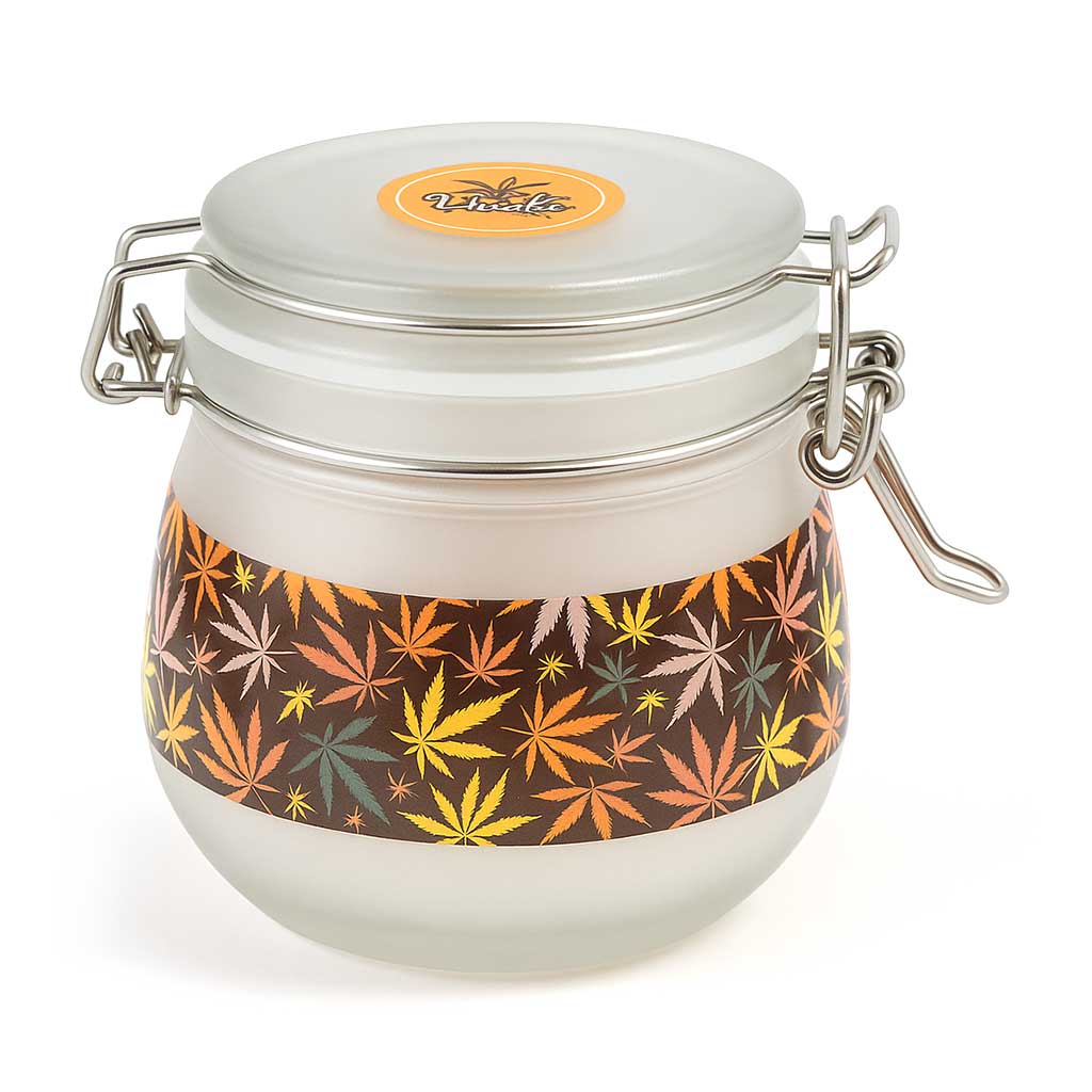 Fujima 500 ml airtight glass stash jar with clamp lid and white leaf pattern band