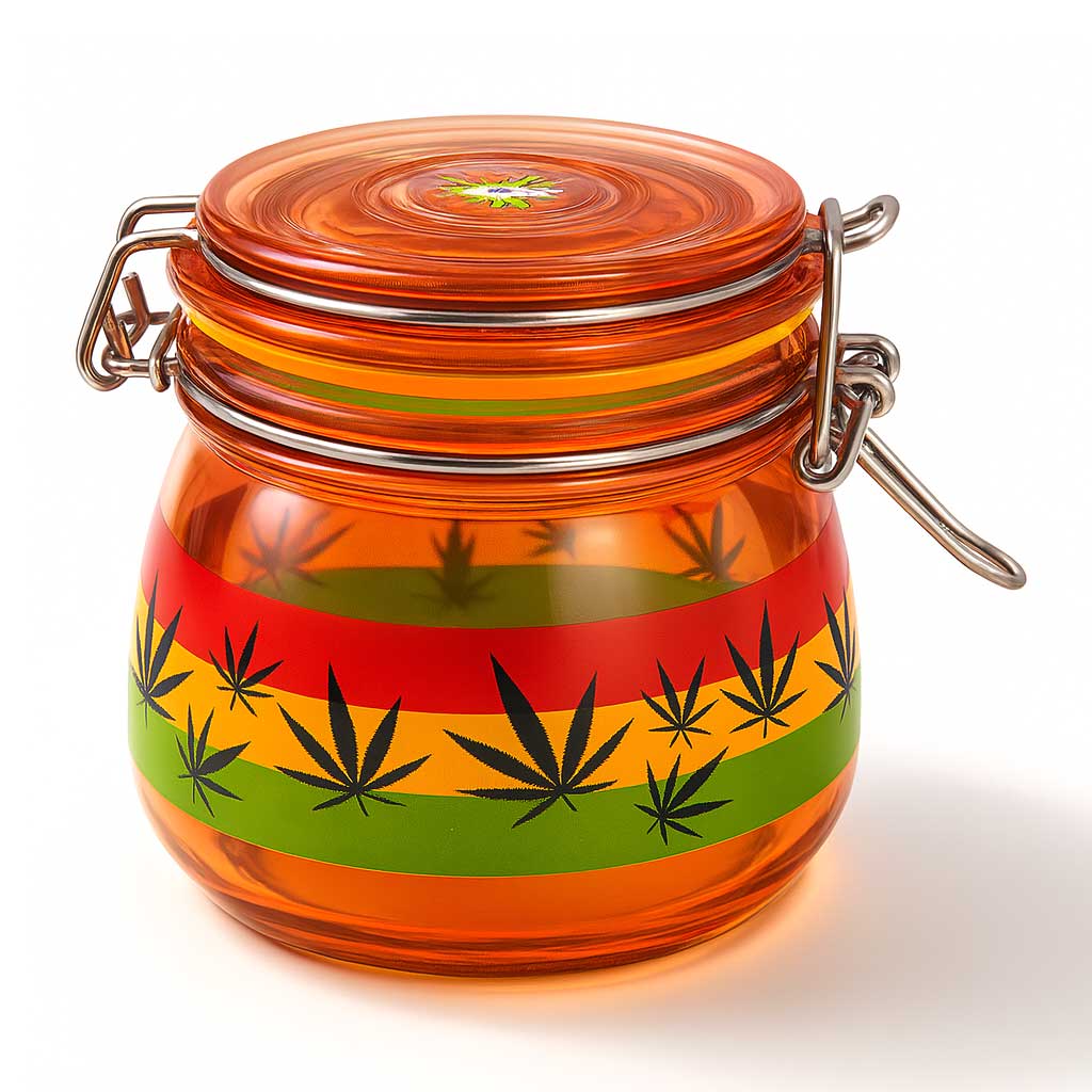 Fujima 500 ml airtight glass stash jar with clamp lid featuring striped band with red rasta leaf silhouettes