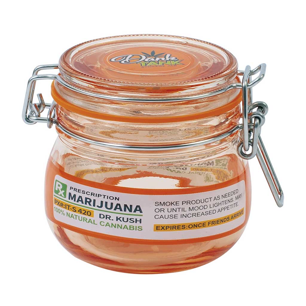 Fujima 500 ml airtight glass stash jar with clamp lid styled like an Orange RX label for herb storage