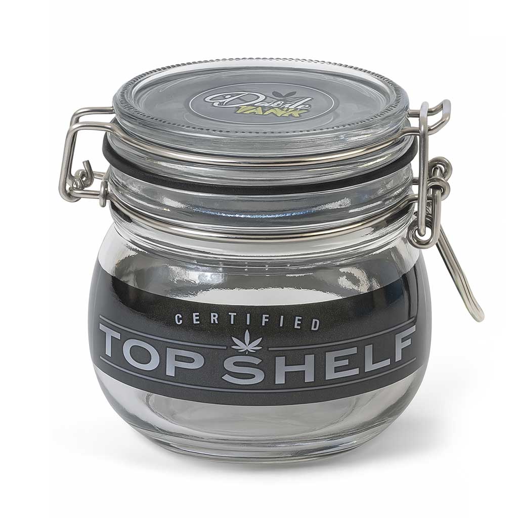 Fujima 500 ml airtight glass stash jar with clamp lid and “Certified Top Shelf” badge
