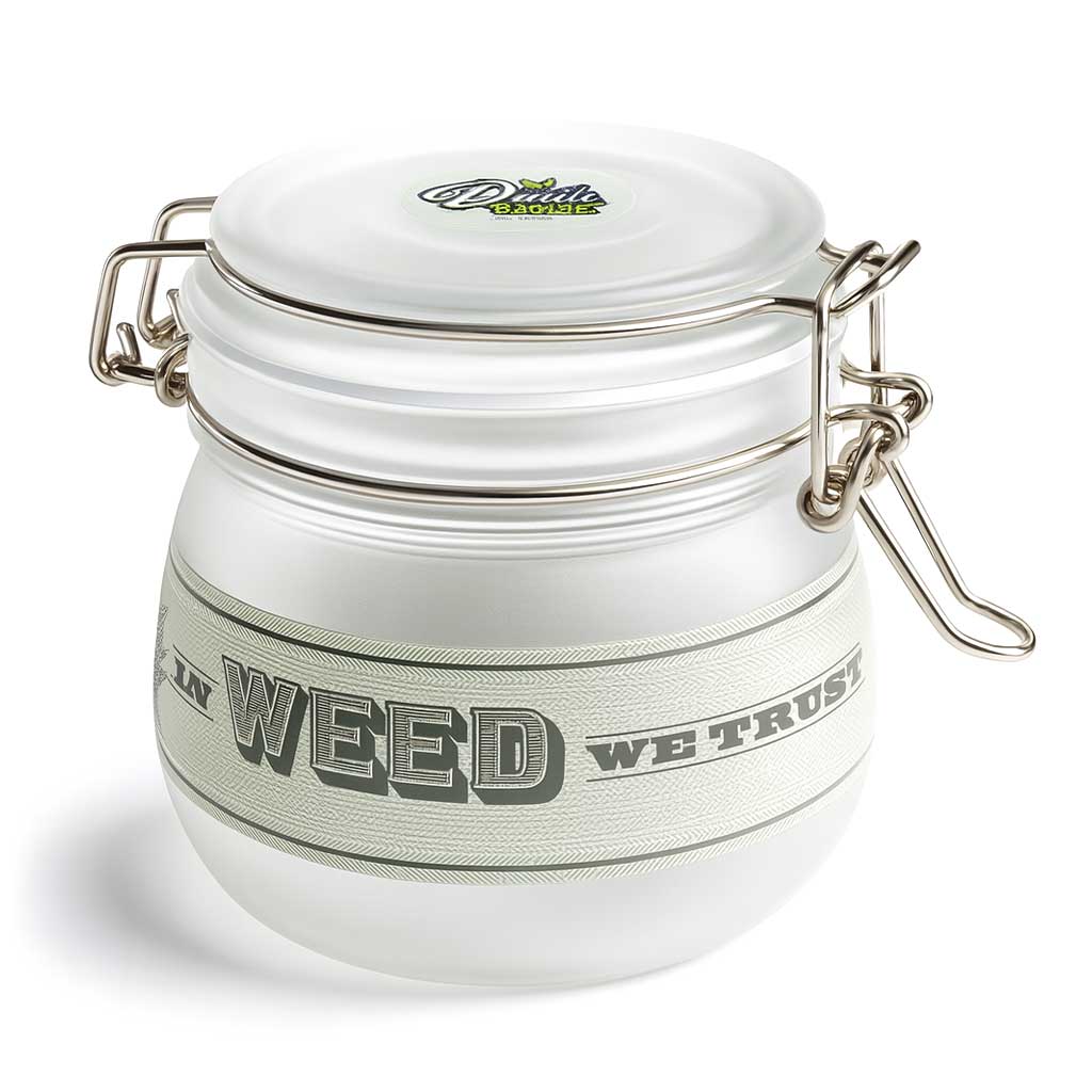 Fujima 500 ml airtight glass stash jar with clamp lid and “In Weed We Trust” band