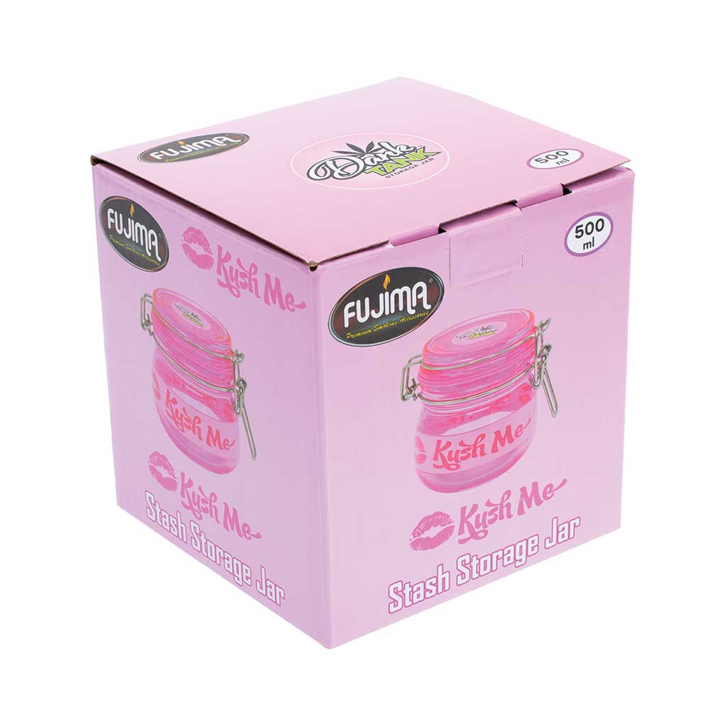Fujima 500 ml airtight glass stash jar with clamp lid featuring with "Kush Me" with pink retail box