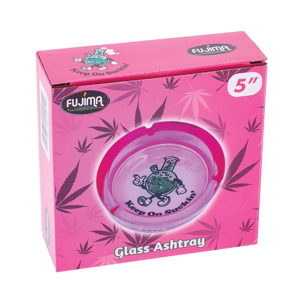 Fujima 5" Glass Ashtray Retail Box, Pink With Leaf Pattern And “Keep On Suckin’” Cartoon Bong Design