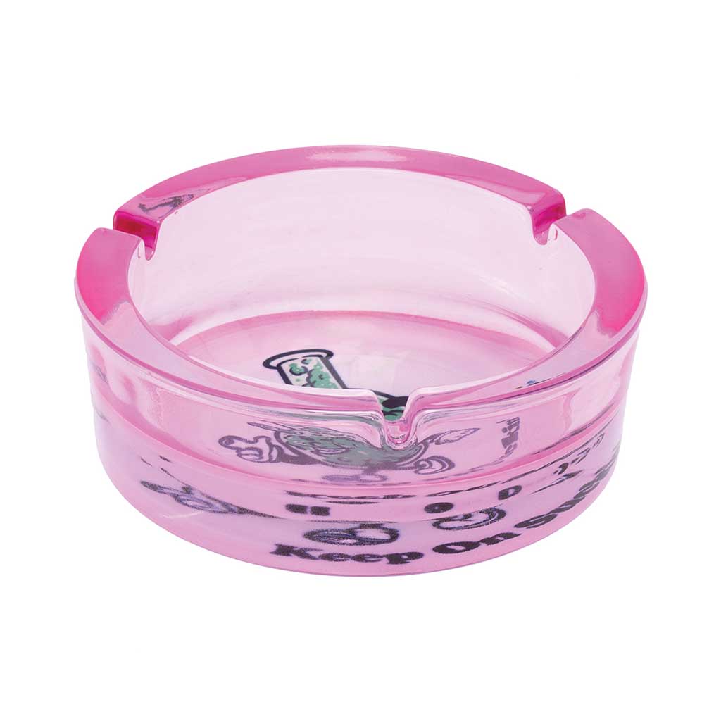 Side View Of Pink Medium Glass Ashtray With Three Notches And “Keep On Suckin’” Character Print