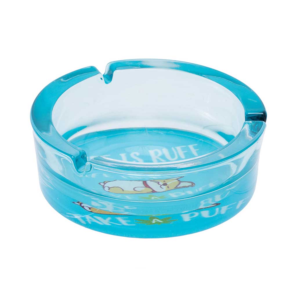 Side View Of Medium Glass Ashtray With Three Notches And “Life Is Ruff Take A Puff” Print 
