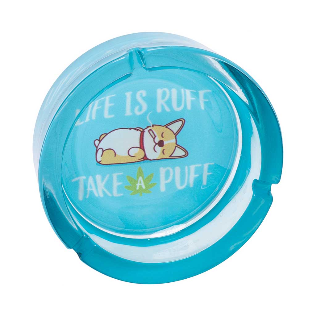 Top View Of 5-Inch Medium Glass Ashtray With Sleeping Corgi And Text “Life Is Ruff Take A Puff”