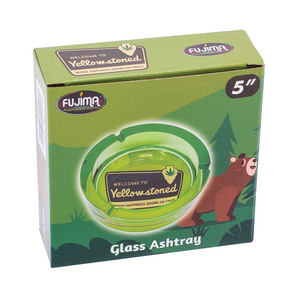 Fujima 5" Glass Ashtray Retail Box In Forest Green With Bear Illustration And “Yellowstoned” Design