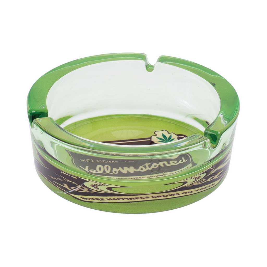 Side View Of 5-In Green Medium Glass Ashtray With “Yellowstoned” Print